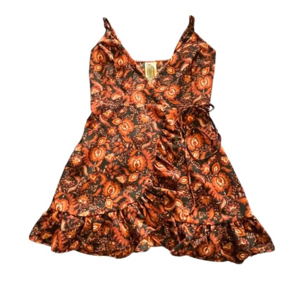 Free People Floral‎ Wrap Mini Dress Brown Rust Ruffle Hem Boho Cottagecore XS - Picture 3 of 11